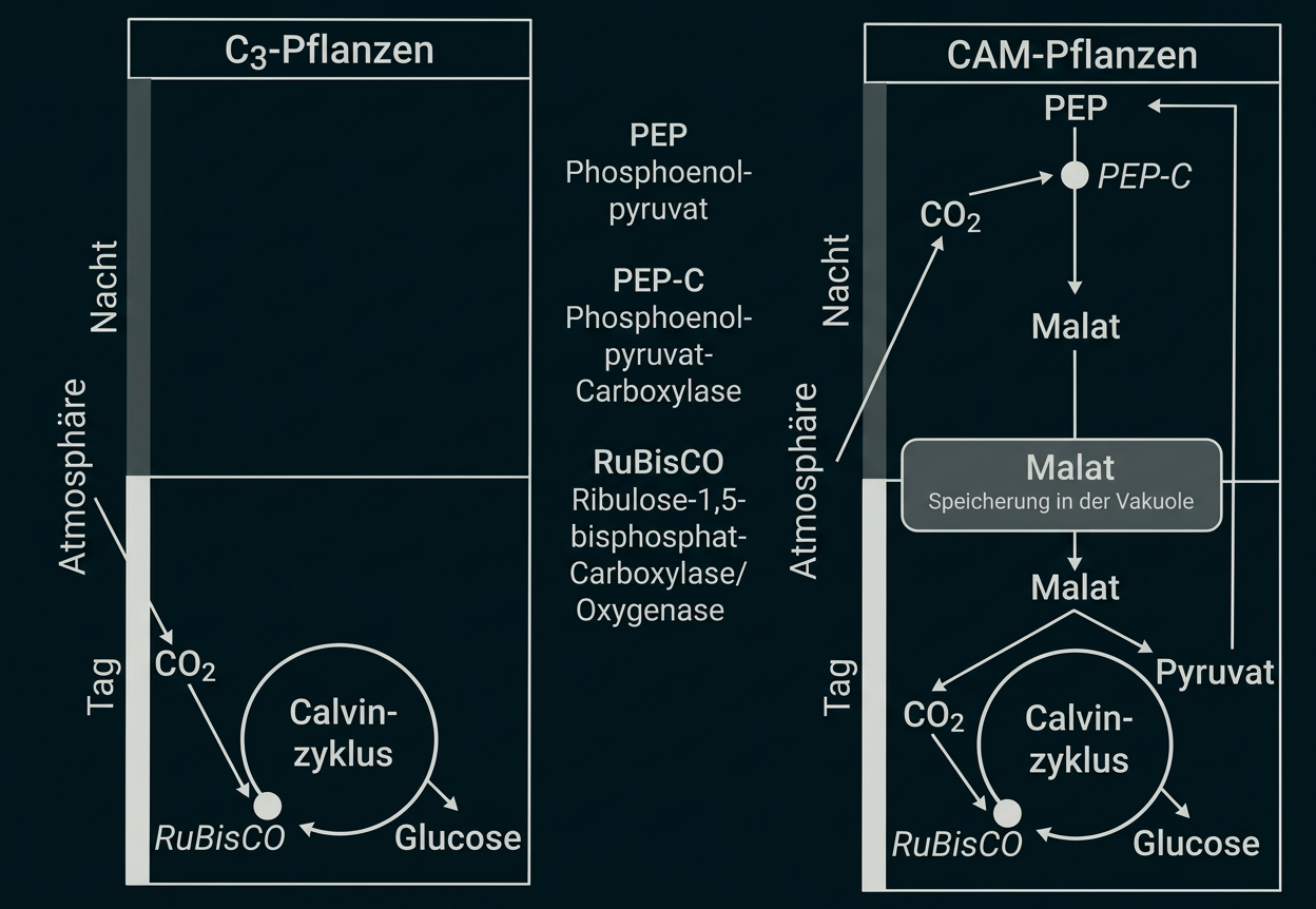 Vergleich der CO₂-Fixierung bei C₃- und CAM-Pflanzen während Tag und Nacht.